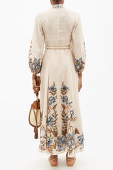 Floral Lantern Sleeve Stand Collar Lace Up Midi Dress